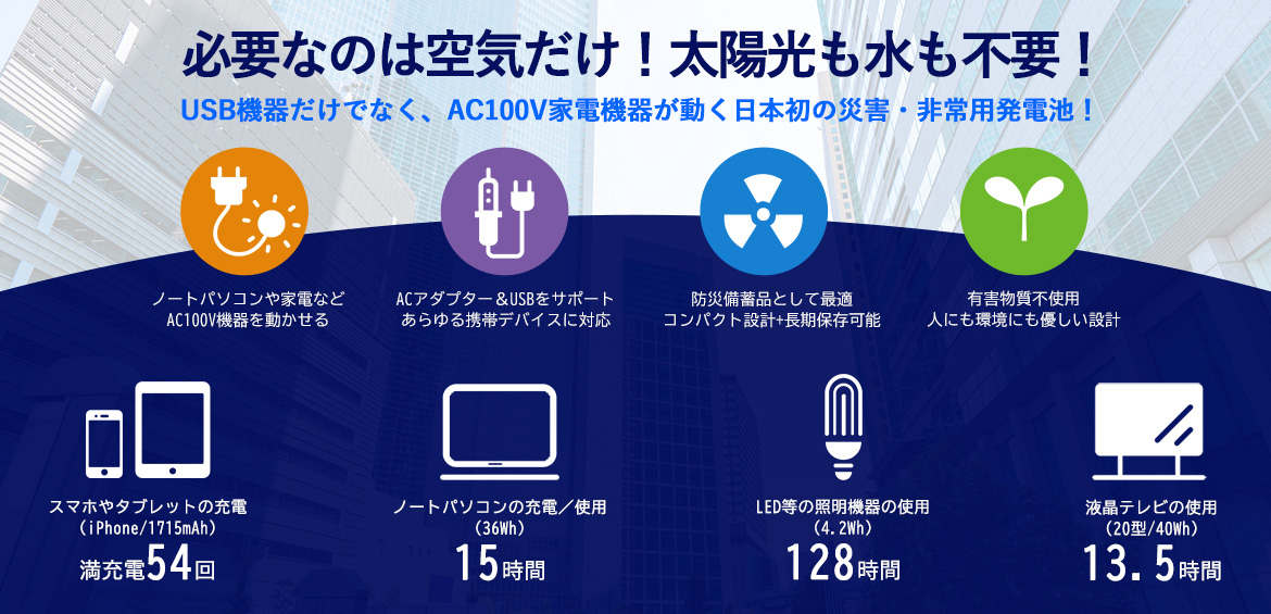 必要なのは空気だけ！太陽光も水も不要！USB機器だけでなく、AC100V家電機器が動く日本初の災害・非常用電池！　ノートパソコンや家電などAC100V機器を動かせる　ACアダプター＆USBをサポート あらゆる携帯デバイスに対応　防災備蓄品として最適 コンパクト設計＋長期保存可能　有害物質不使用 人にも環境にも優しい設計　スマホやタブレットの充電（iPhone/1715mAh）満充電54回　ノートパソコンの充電/使用（36Wh）15時間　LED等の照明機器の使用（4.2Wh）128時間　液晶テレビの使用（20型/40Wh）13.5時間